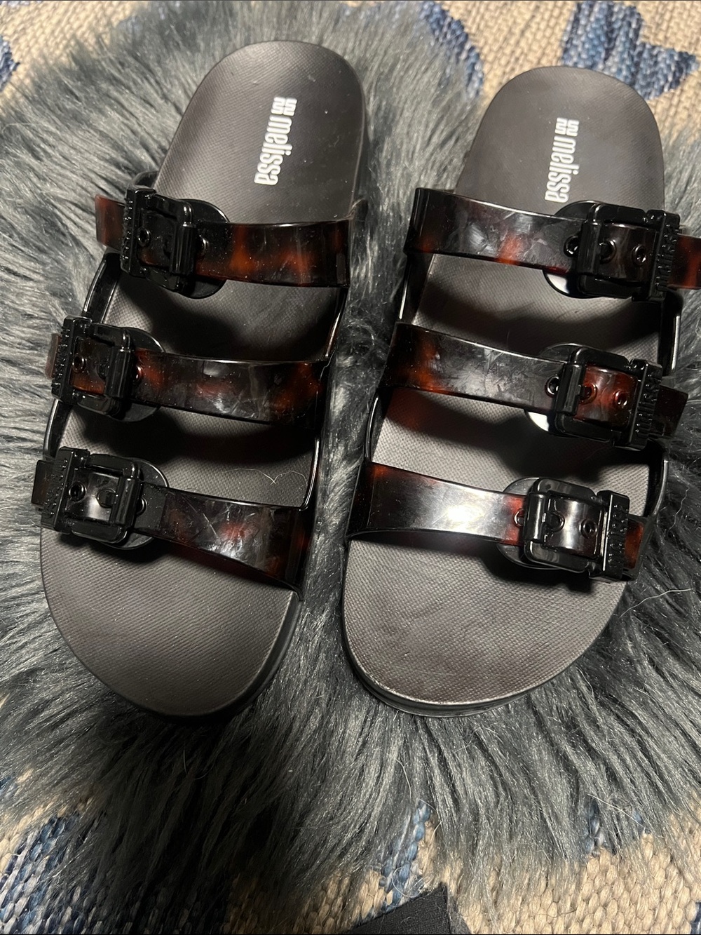 Melissa women’s Triple-Strap Slides in Black with Tortoiseshell Straps